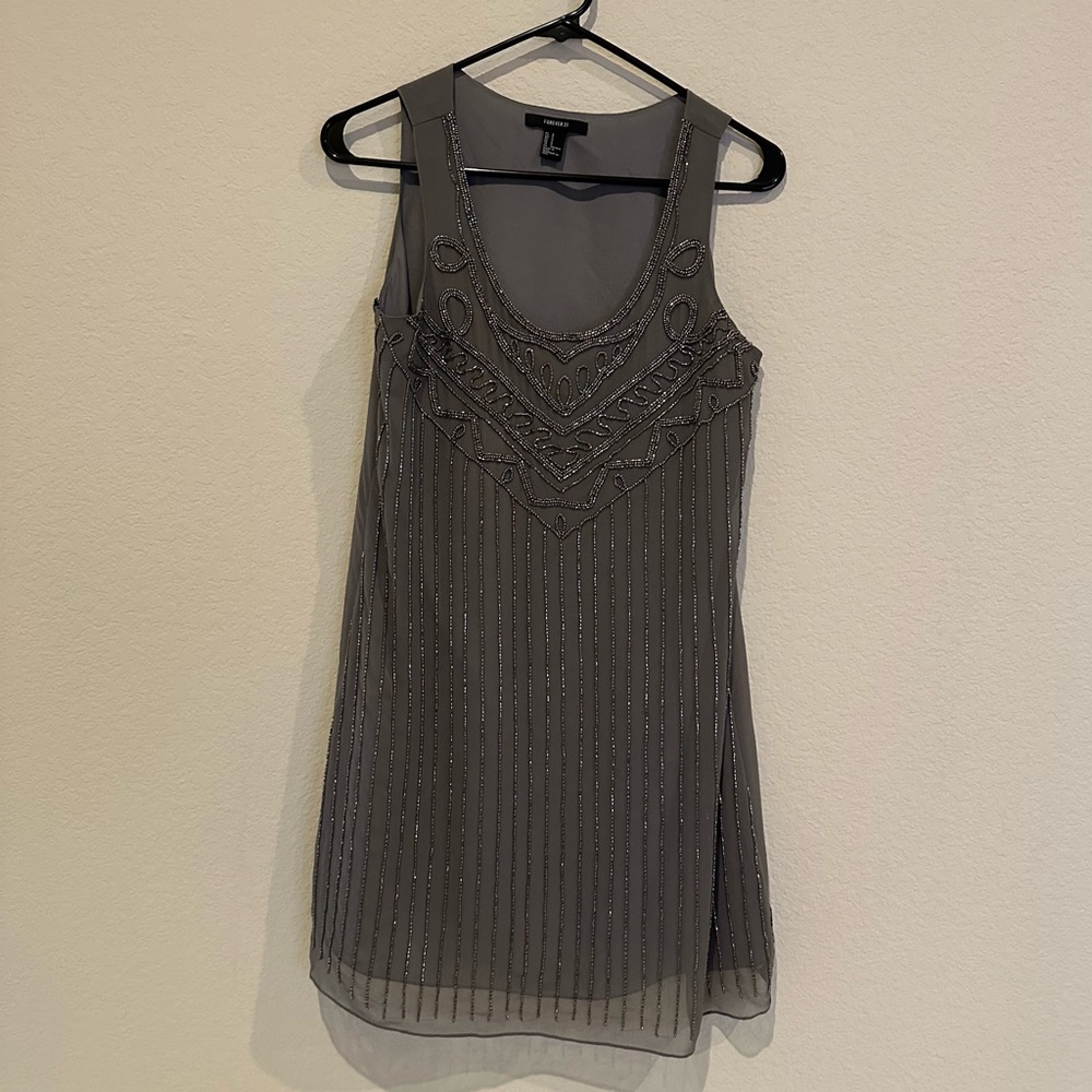 Forever21 Grey Silver Sequin Beaded Shift Dress - Size S